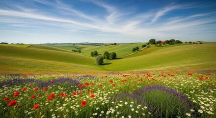 Vibrant Summer Landscape with Wildflower Fields and Rolling Green Hills under a Blue Sky