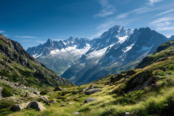Fototapeta premium Majestic mountain range bathed in sunlight with dramatic peaks and lush green valleys, offering breathtaking alpine scenery and adventure inspiration.