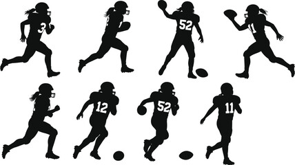 Silhouette of football players running, throwing ball, vector illustration, football action poses, sports players, dynamic athletes, football game, team sports, vector art
