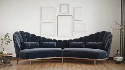 Scandinavian chic Modern living room with a curved loveseat against a white wall featuring frames design.