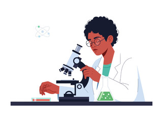 Scientific Exploration: An african scientist is intensely focused on laboratory equipment, as she meticulously analyzes data through a cutting-edge microscope. Surrounded by tools of discovery.