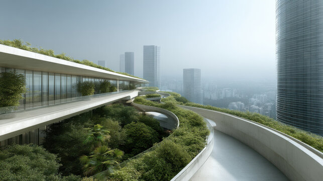 envision futuristic architecture that seamlessly integrates smooth forms of glass and concrete with lush greenery