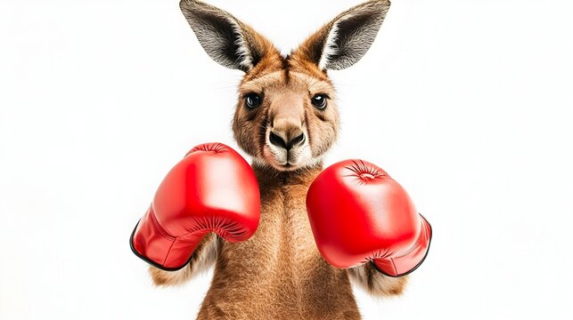 Muscular Kangaroo Wearing Red Boxing Gloves Ready for a Fight on White Background