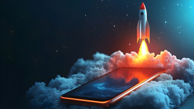 Rocket Launch from Smartphone Screen   Symbolizing Technological Innovation and Connectivity