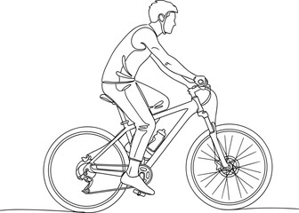 Naklejka premium Line drawing cyclist, man riding bicycle vector, bike outline illustration, active lifestyle clipart, sports motion sketch, fitness art