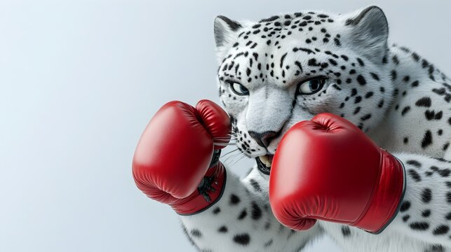 Amusing Spotted Leopard in Crimson Boxing Gloves Dynamic Action Packed Stance Against Stark White Backdrop