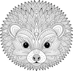 Mandala hedgehog face vector, cute animal illustration, black and white art, geometric pet design, adult coloring page clipart © Creative Minds