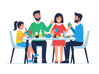 Family meal time illustration: A cheerful family gathers around a dining table for a wholesome and warm meal, surrounded by the warmth of togetherness.