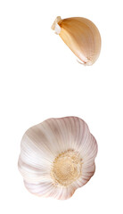 Top view set of one unpeeled garlic bulb and one garlic clove isolated on white background with clipping path