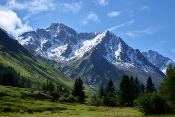 Majestic snow-capped mountain range bathed in sunlight with lush green valleys and pristine blue sky creating a breathtaking natural landscape vista