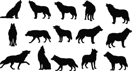 Wolf silhouette vector set, wild animal collection with howling wolf poses, standing wolf artwork, predator design elements for tattoo, logo, mascot, wildlife illustration