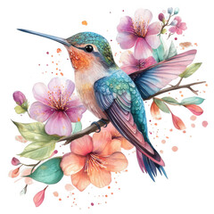 Fototapeta premium Hummingbird with spread wings on a branch with flowers, isolated on transparent background