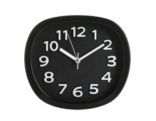 Front View Black Wall Clock with Minimalist White Hands and Hour Markers, Isolated on Transparent Background.