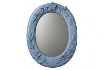 Blue oval mirror with delicate floral leaf pattern, elegant home decor accessory reflecting minimalist interior design aesthetic
