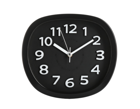 Front View Black Wall Clock with Minimalist White Hands and Hour Markers, Isolated on Transparent Background.