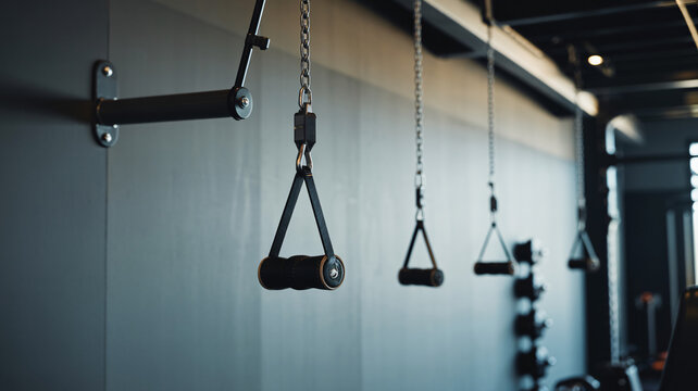 Modern gym interior with cable machine handles ready for intense workout sessions and fitness goals.