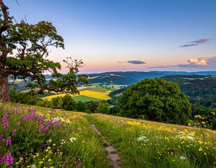 Golden hour glow on a tropical beach with palm trees and a view of the mountains over the calm ocean
