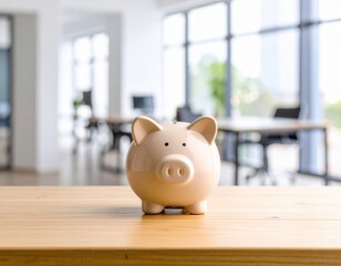 Savings's silent keeper: A classic ceramic piggy bank sits steadfastly on a polished wooden table, poised to accept deposits and representing prudent fiscal habits.
