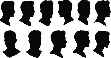 Male head silhouette set, man profile icons, side view, front view, hairstyle vector, human face outline, portrait illustration, black shape design