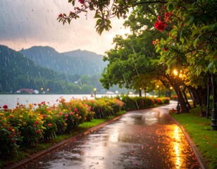 A summer sunset casts an orange glow over a rural river landscape with a long, winding road and trees silhouetted against the clouds