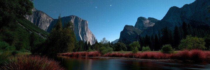 Starlit yosemite valley at night with el capitan and tranquil river