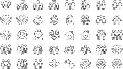 Family icons set, parents, children, baby, heart care, home, love, community, support, parenting, relationships, togetherness, family values, social connection, happiness
