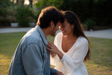 Obraz premium Young hispanic couple enjoying a romantic moment outdoors in sunlit park