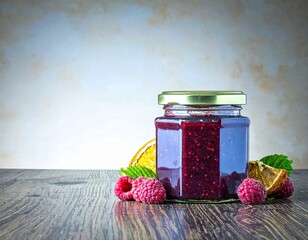 A fresh jar of homemade raspberry jam is an isolated, sweet, red fruit preserve, perfect for breakfast