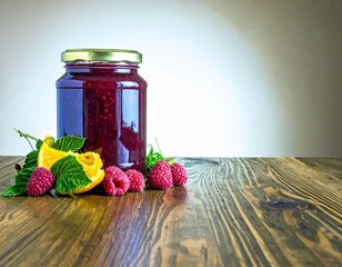 Homemade strawberry jam in a glass jar on a white surface, with a fresh strawberry and leaf beside it