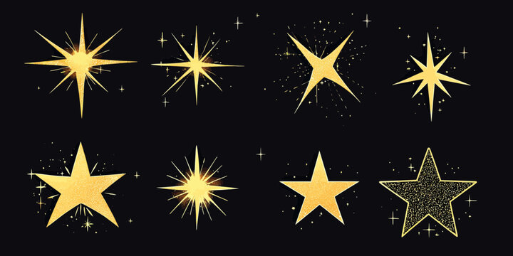 Set of golden sparkle stars with glitter glow effects and shining twinkle light bursts isolated on black background in flat minimalist style vector illustration for decoration and design