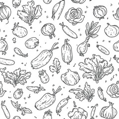 Hand drawn seamless pattern of vegetables with lettuce, onion, cucumber, chili, tomato, and garlic doodle sketches in black and white vector illustration for textile fabric design and menu decoration