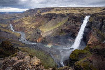 Overview of Haifoss waterfall in Iceland.