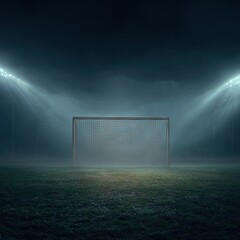 A soccer goal stands alone on a misty, dimly lit field at night, shrouded in fog under powerful stadium lights