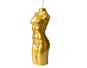  Glossy Gold Female Torso Candle Sculpture with Decorative Shine, Transparent Background.