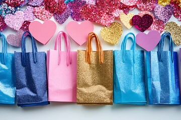 Colorful shopping bags adorned with heart shapes symbolizing love and affection for special occasions