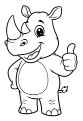 Fototapeta premium Cartoon Rhinoceros Giving a Thumbs Up Gesture Black and White Outline Illustration