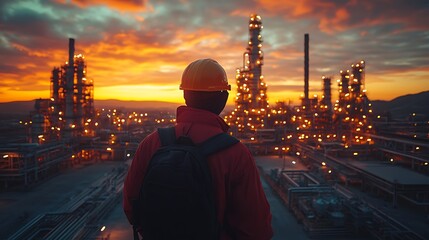 Worker observing industrial complex sunset