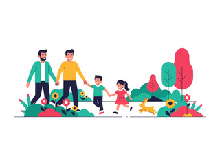 Fototapeta premium Joyful Family Stroll: A graphic illustration of a family, holding hands while walking in the nature. A sense of unity, love, and happiness.