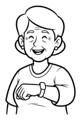 Obraz premium Detailed Black and White Cartoon Illustration of an Elderly Woman Smiling and Checking Her Watch