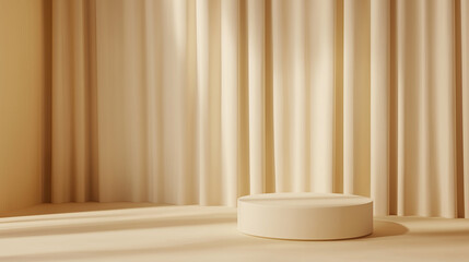 Minimalist interior scene featuring a round pedestal in a softly lit room with beige curtains, creating a serene atmosphere for display or presentation purposes