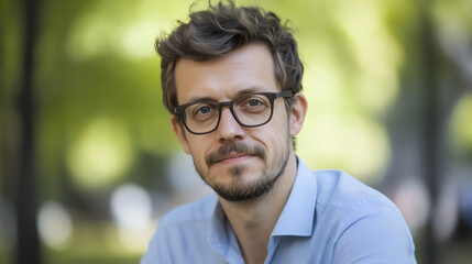 Obraz premium Young professional Caucasian man with glasses and beard for business, education, and lifestyle content