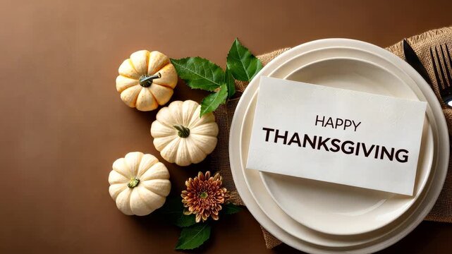 Celebration of Thanksgiving with a beautifully set table featuring white pumpkins and a warm greeting