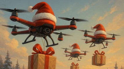Christmas fpv drones deliver gifts from Santa Claus. Santa hats are on drones, they fly with gift boxes. New Year animation in retro style. Cartoon holiday surprise delivery for kids. - Powered by Adobe