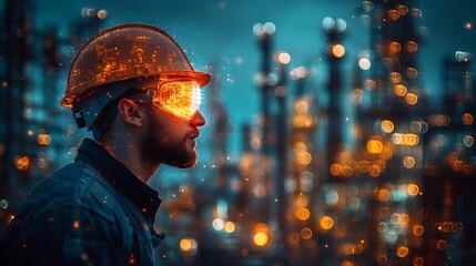 Focused worker in glowing industrial cityscape