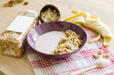 Crunchy Granola with Coconut Flakes and Banana