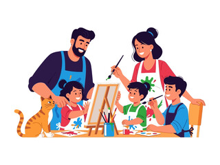 Family Painting Together: A happy family engages in a creative painting activity, with their playful cat watching nearby. Everyone smiles as they express themselves on canvas.