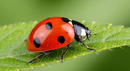 Fototapeta premium Vibrant Ladybug Macro Close-up on Green Leaf Revealing Natural Beauty and Detail