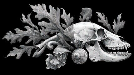 Detailed grayscale animal skull, flora and fauna against black