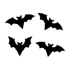 Bat Silhouette Set Collection Black Flying Vector illustration Icons for Halloween, Nature, and creepy Gothic Designs on white background