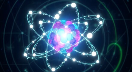 Glowing atomic structure with orbiting electrons, vibrant energy, quantum physics.